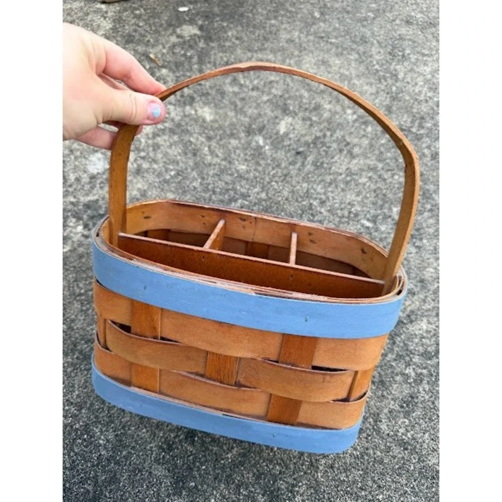 Vintage Style Woven‎ Wood Divided Caddy Basket with Blue Trim and Handle